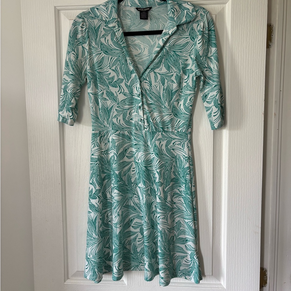 Guess Teal Leaf Print Long Sleeve Dress - Picture 1 of 11